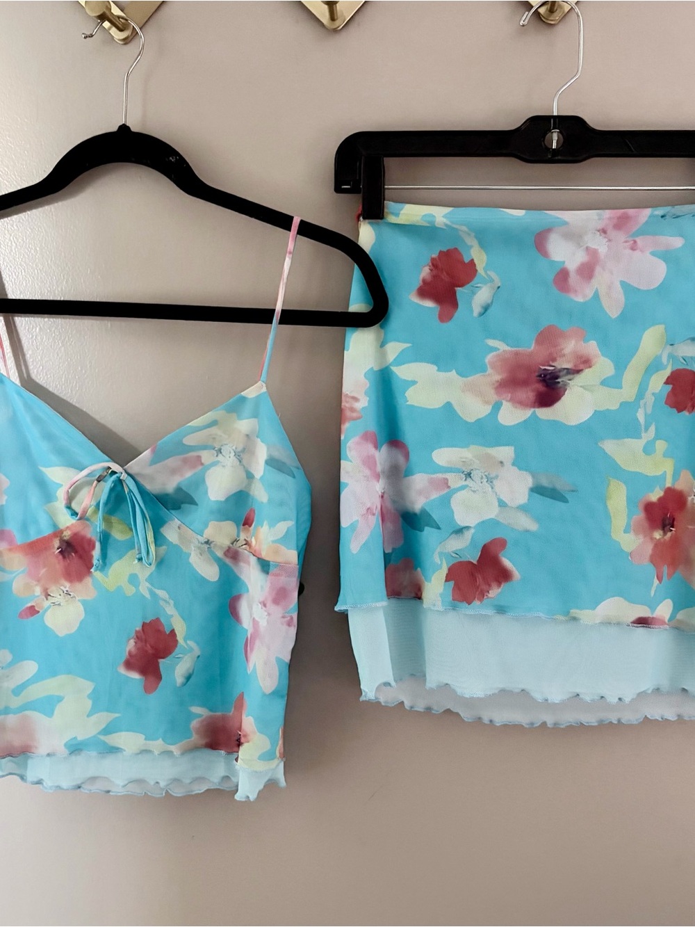 Y2K Floral Mesh 2-Piece Crop Top & Skirt Set Blue Medium